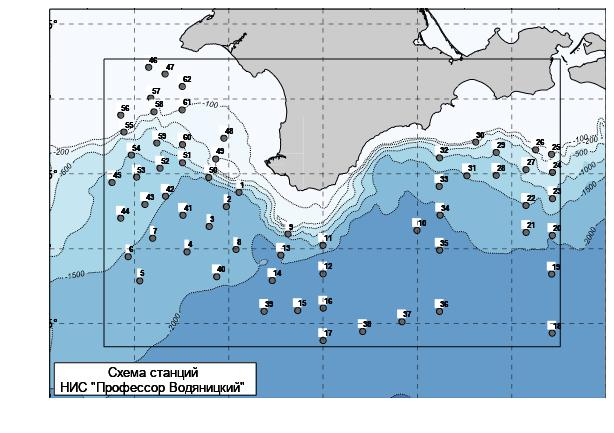 Схема района исследований и выполненных станций в экспедиции 101 рейса НИС «Профессор Водяницкий» 14 – 28 декабря 2017 г.