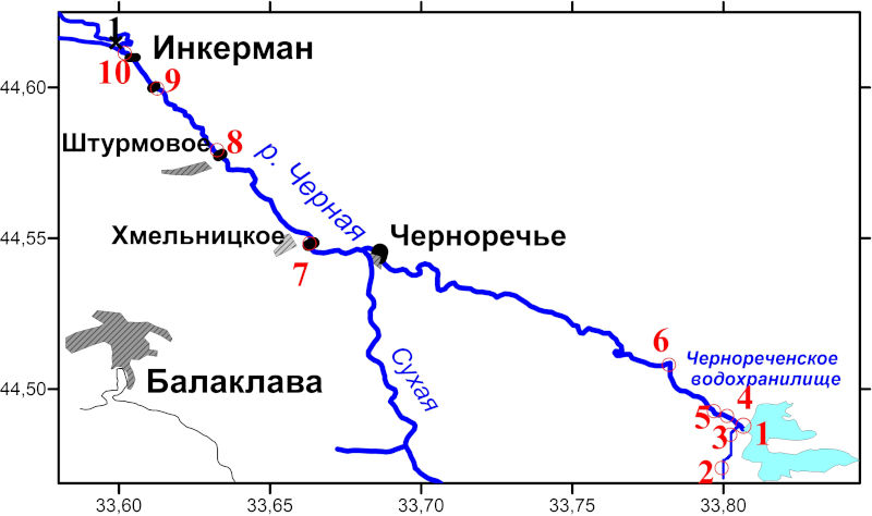 Схема станций по течению реки Черной